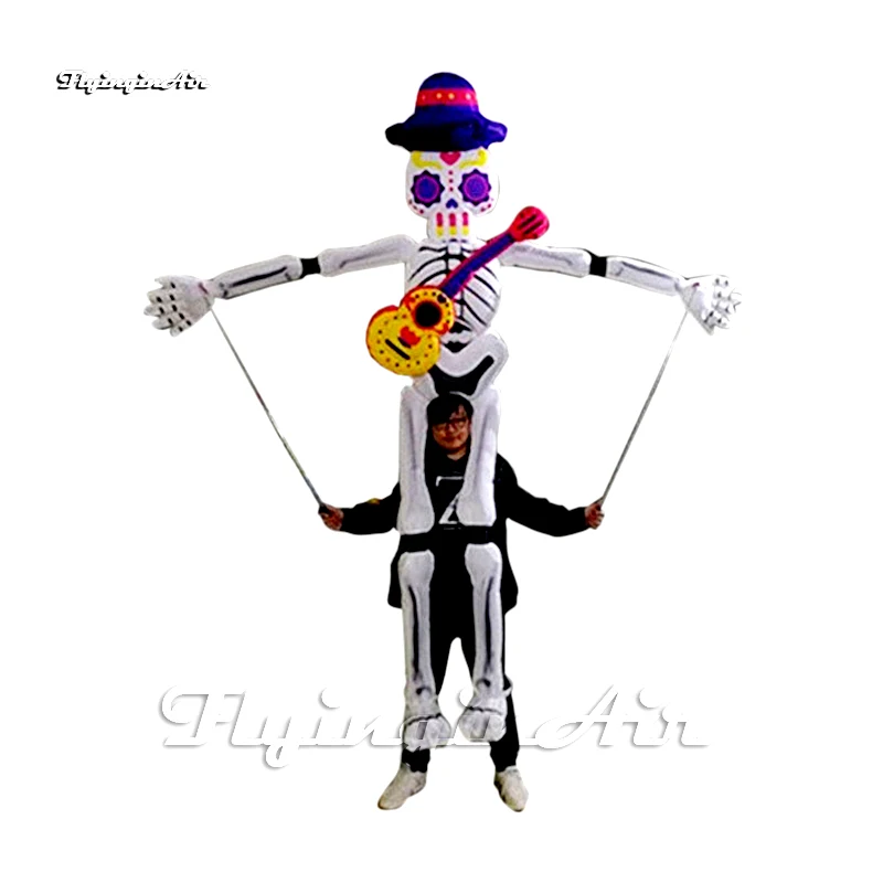 

Walking Inflatable Musical Skeleton Ghost Puppet Suit With Guitar 3.5m White Blow Up Skull Zombie Costume For Halloween Show