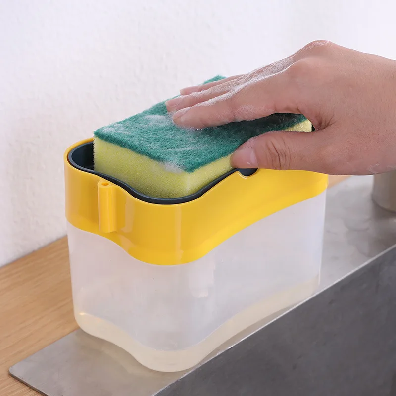 Dispenser deterjen cair penggosok, perlengkapan dapur kamar mandi, kotak sabun cair tipe-tekan 2 dalam 1