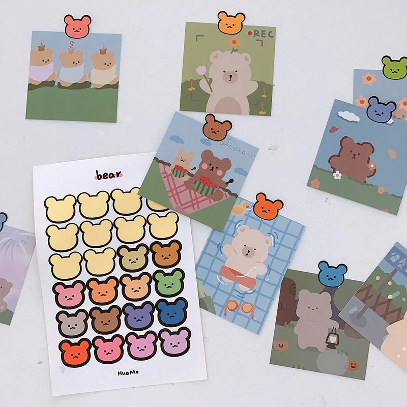 Korea Ins Cartoon Cute Bear Creative Decorative Card 9 Sheets Single Side Postcard Student Greeting Cards Kawaii Wall Sticker