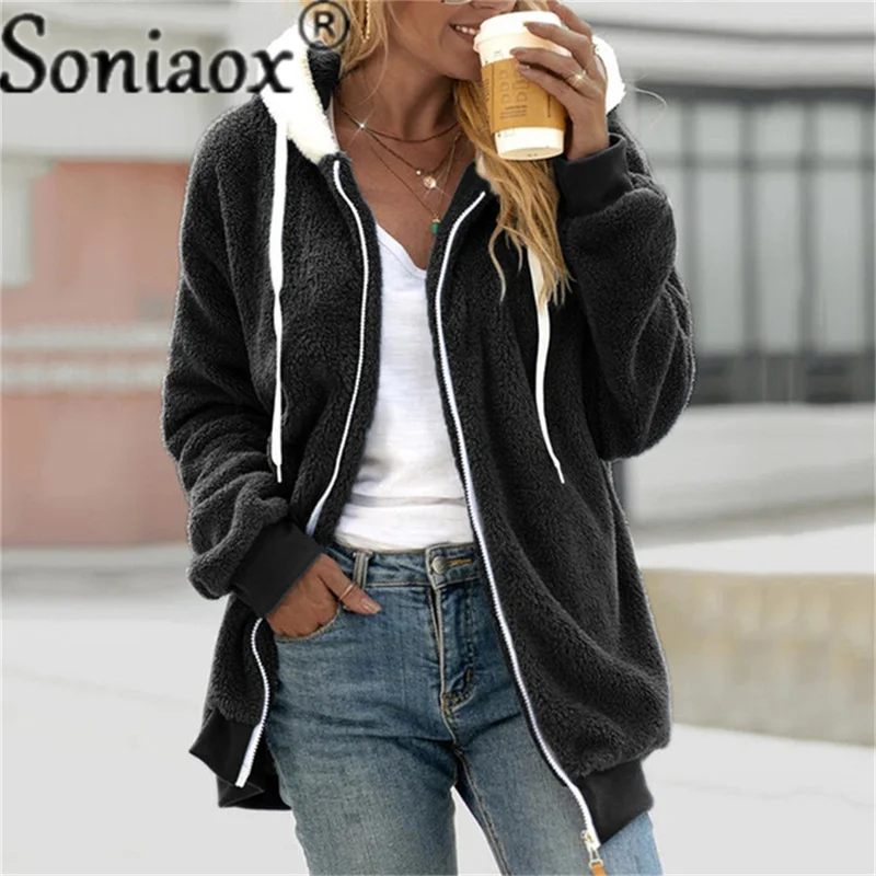 2021 Autumn Winter Women Plush Coat Fashion Hooded Zipper Jackets Casual Oversized Solid Color Faux Fur Warm Ladies Parka Jacket