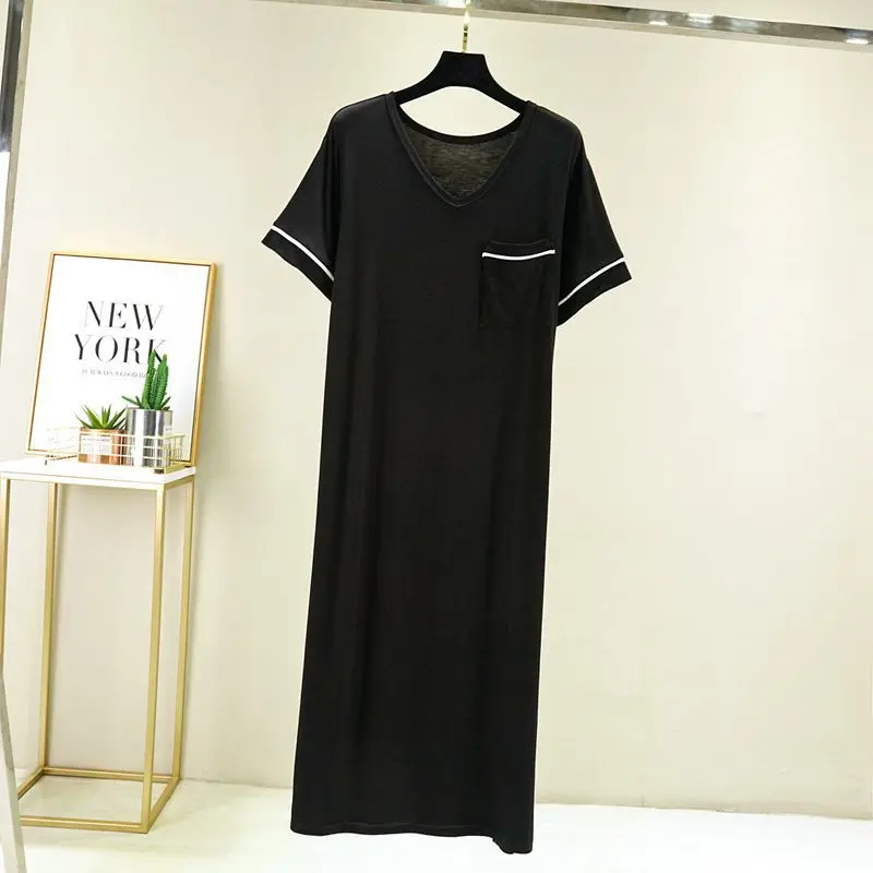 Women Summer Long Nightdress Loose Loungewear Bottoming Night Shirt Pocket Contrast Dress New Short Sleeve Modal Nightgowns