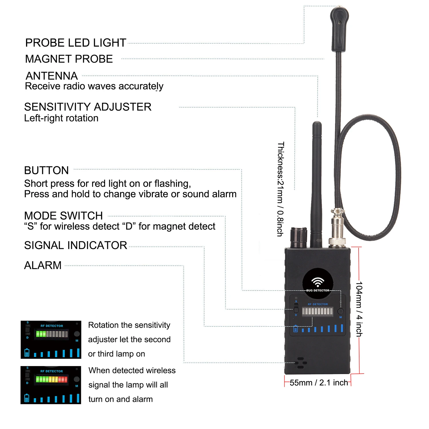 Anti Spy RF Detector,High Sensitivity Wireless Bug Hidden Camera Detector GPS Tracking GSM Listening Device Finder Radio Scanner