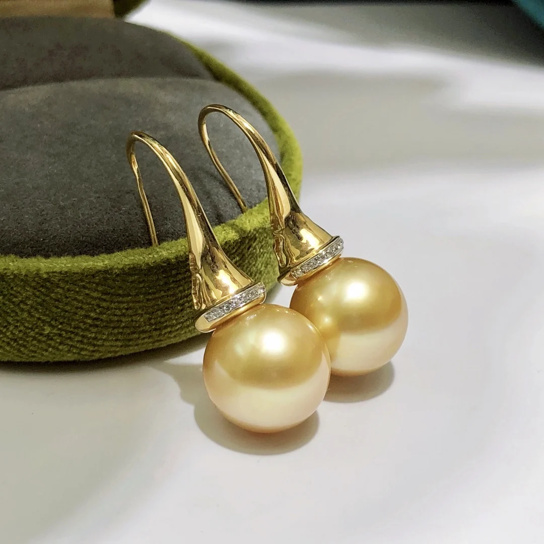 

Fine Jewelry Pure 18K Yellow Gold Natural 11-12mm Ocean Salt Water Golden Round Pearl Earrings for Women Fine Pearl Earrings