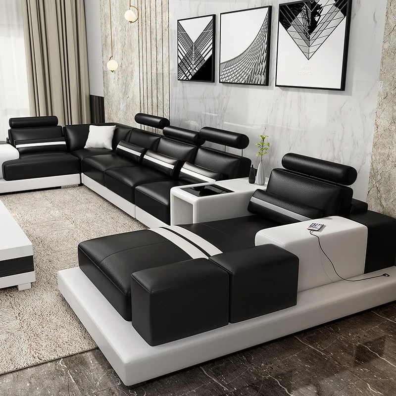 Modern minimalist head-floor cowhide villa size family U-shaped creative fashion feature leather sofa