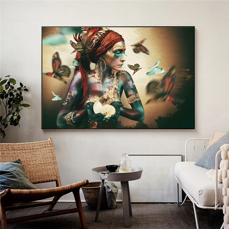 

African Woman with Butterfly Canvas Paintings on the Wall Art Posters And Prints Colorful Black Girl Art Picture Home Decoration