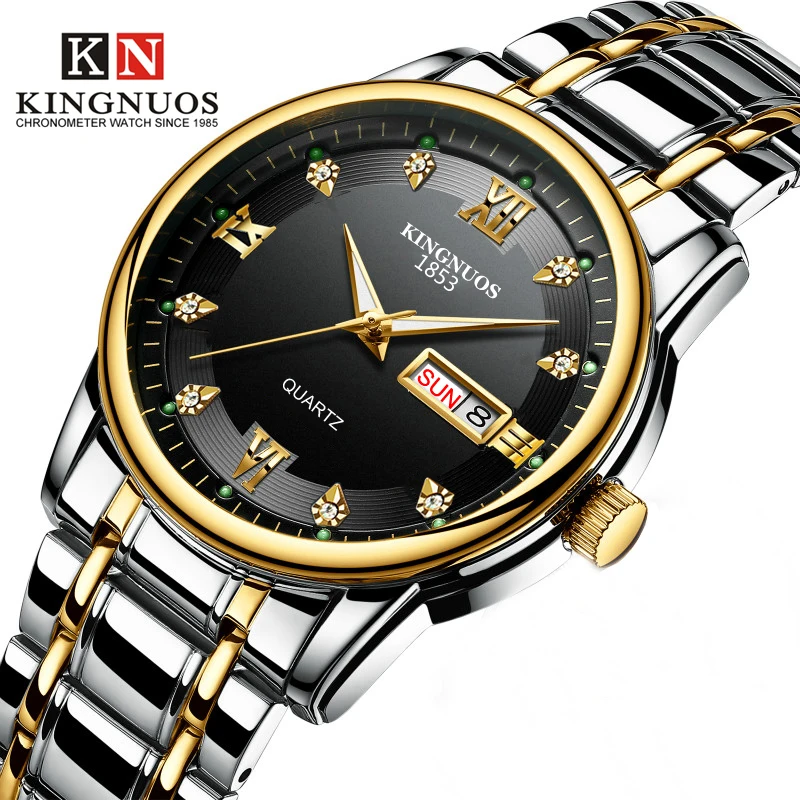 

Kingnuos new fashion men's steel belt double calendar room gold watch waterproof luminous Roman numerals diamond business watch