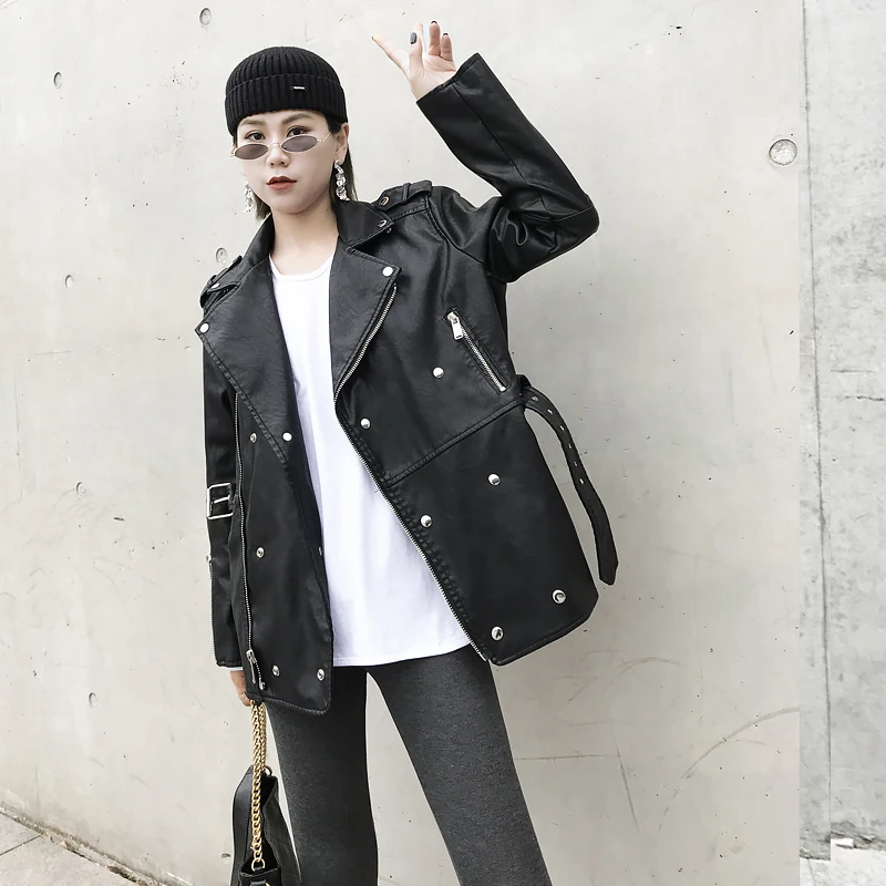 

Spring Autumn Women Leather Clothes Black Jacket Belt Windbreaker Coat Locomotive Clothing Medium Long Outwear 2021