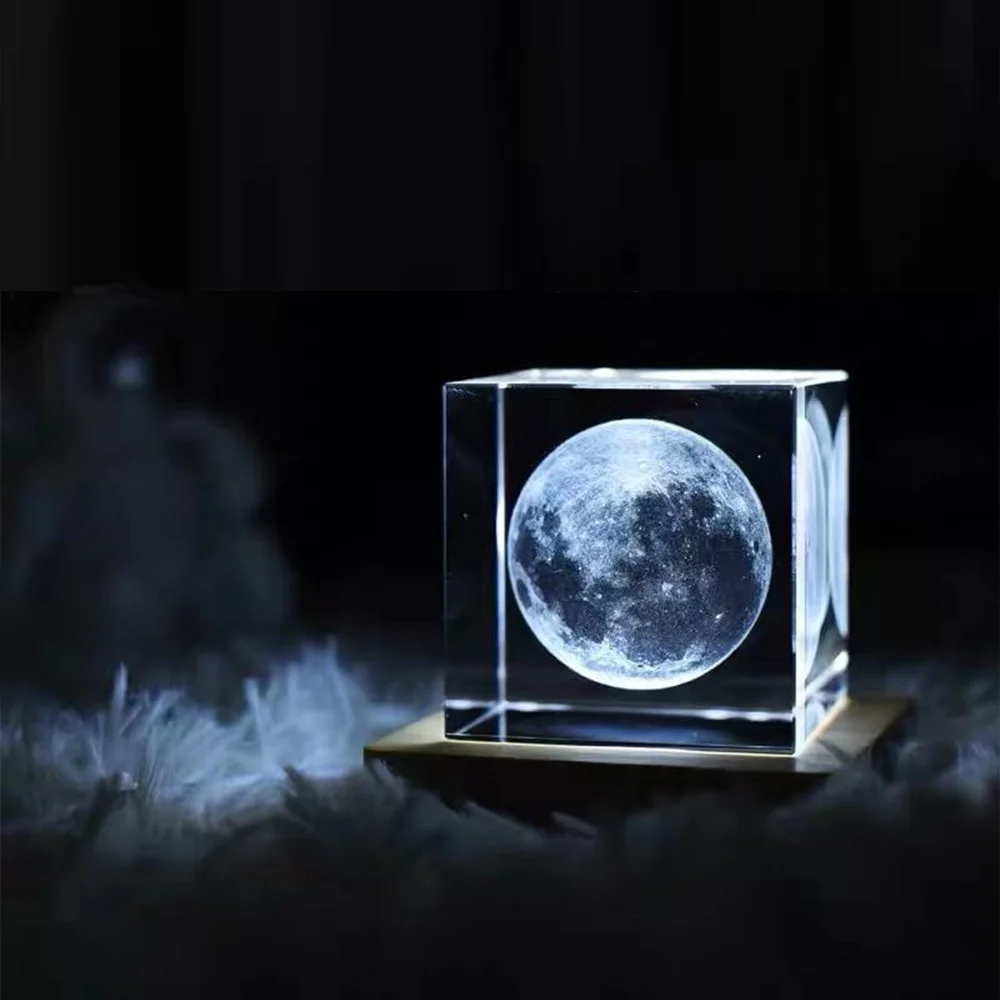 3D Moon Solar Galaxy System Model Paperweight Laser Etched Crystal Glass Cube LED Night Light Desktop Room Decor Creative Gifts