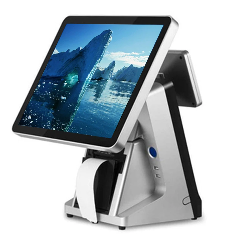 

Restaurant POS 15 inch all in one touch POS terminal capacitive touch screen POS system with built-in VFD and 80mm printer