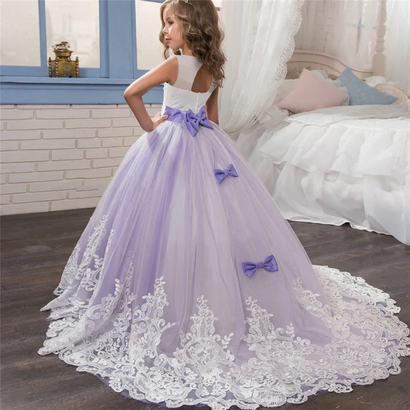 2021 prinzessin Spitze Bogen Blume Mädchen Kleider Ärmel Open back Erstkommunion Kleider Hochzeit Party Kleider formal Pageant kleid