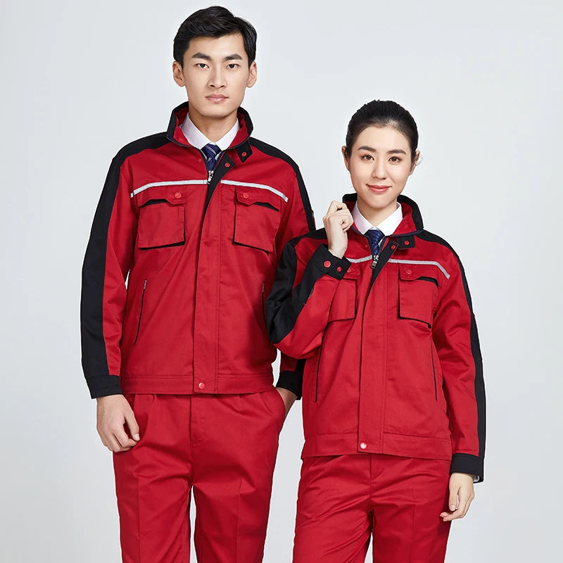 作業服男性作業服ジッパージャケット + パンツファッションコントラストカラー耐摩耗性溶接スーツカバーオール自動車修理制服