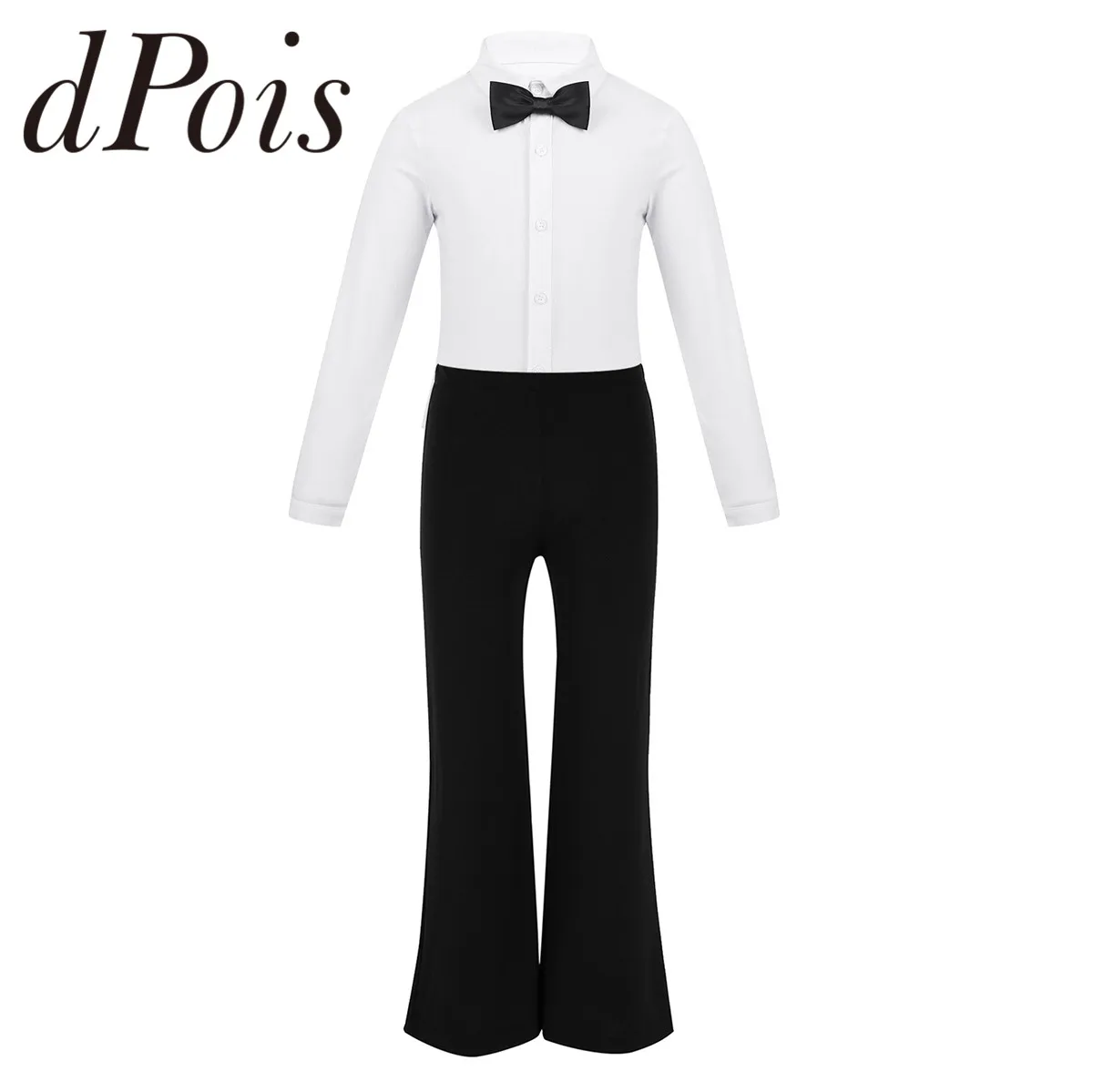 Kids Boys Latin Dance Costume Outfit Lapel Bowtie Ballroom Latin Dance Shirt Long Sleeves Leotard Bodysuit Top + Pants Trousers