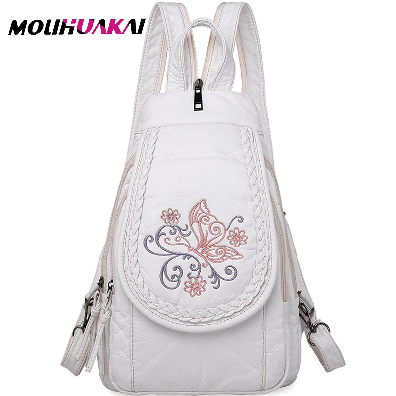 MOLIHUAKAI Butterfly Embroidery Sheepskin Women Backpack Soft Genuine Leather Chest Bag For Mother Ladies Large Capacity Bagpack