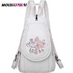 MOLIHUAKAI Butterfly Embroidery Sheepskin Women Backpack Soft Genuine Leather Chest Bag For Mother Ladies Large Capacity Bagpack