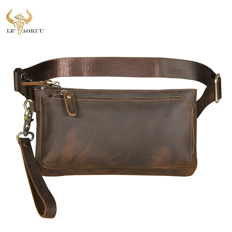 New Crazy Horse Leather men Vintage Travel Fanny Waist Belt Bag Chest Pack Sling Bag Design Phone Cigarette Case Pouch Male 2019