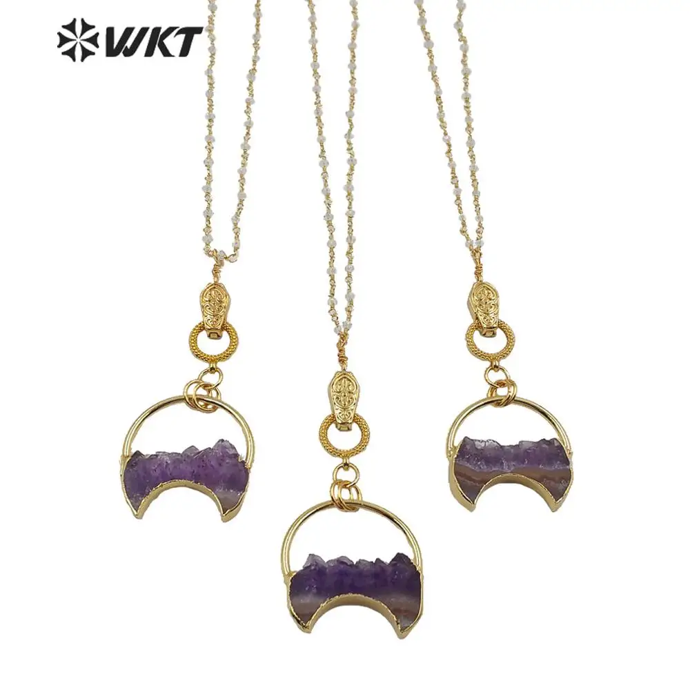 WT-N1218 New arrival ame thyst necklace raw stone with gold welding loop necklace crescent horn necklace woman fashion gift