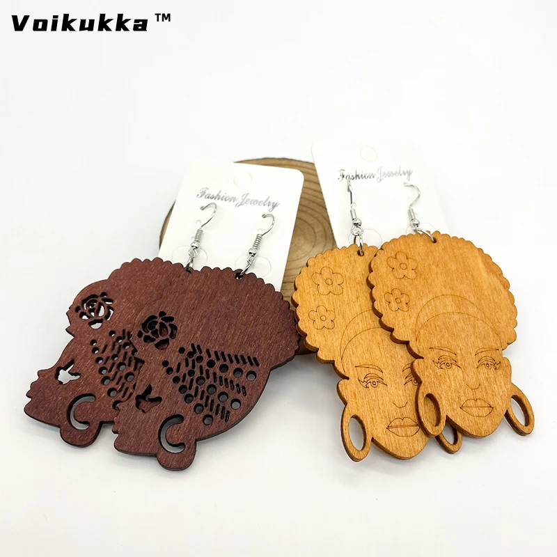 VOIKUKKA Jewelry Laser Cutting African Female Avatar Silhouette Natural Wooden Drop African Women Earrings Accessories