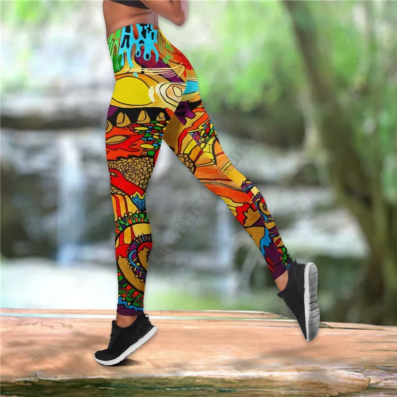 Colorful Hippie Dragon Combo Outfit Leggings and Hollow out Tank Top Suit Sexy Yoga Fitness Soft Legging Summer Women For Girl