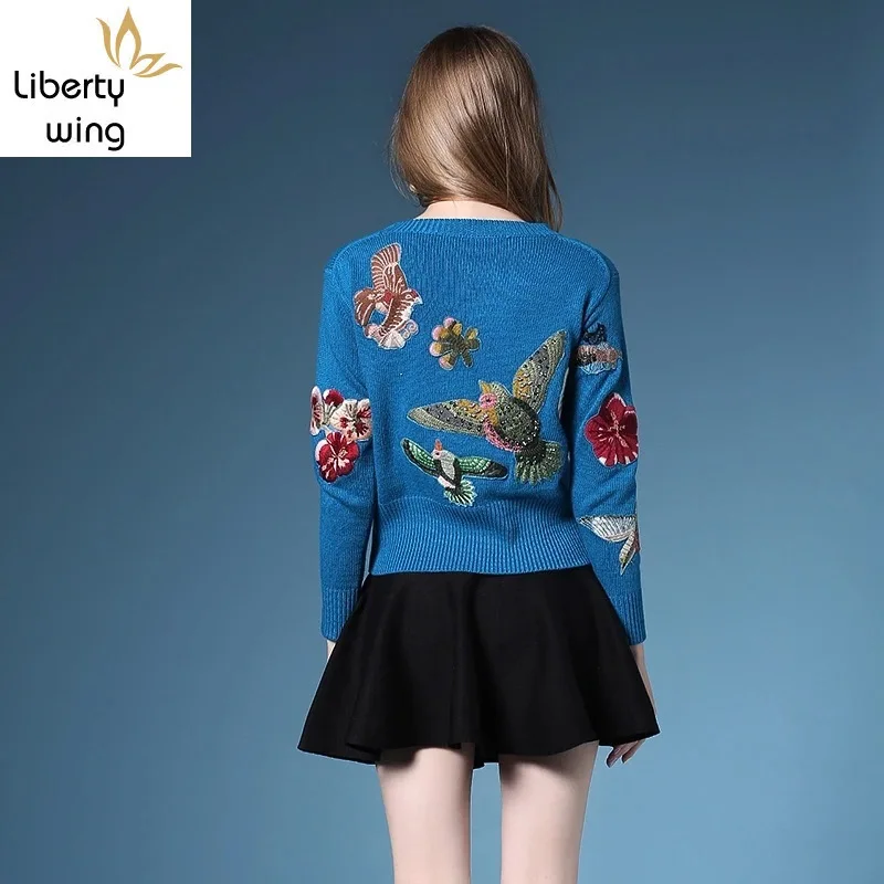 Autumn Winter Sweaters New Fashion Women\'s Long Sleeve Elegant birds beading Flower Embroidery novel Wool Sweater