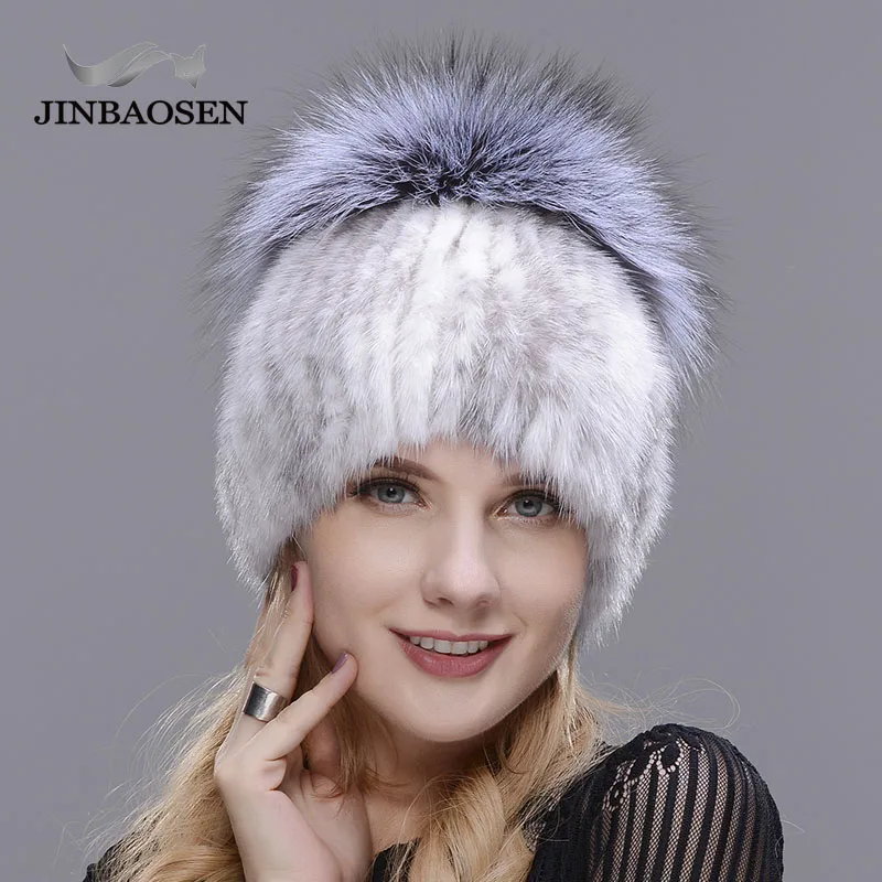 JINBAOSEN-Bonnets en tricot pour femmes, chapeaux de vison avec fourrure de renard, haut tissé vertical, mode d\'hiver chaude, offre spéciale