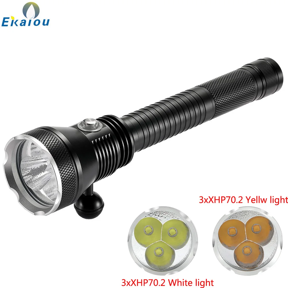 

New LED Diving Flashlight 3xXHP70.2 White / Yellow Light Diver Underwater 200m Waterproof Dive Tactical Lamp Use 3x26650 Battery