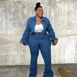 Plus Size Sets Clothing Women Two Piece Set Fall Outfits Long Sleeve Denim Coat and Jeans Stacked Pant Dropshipping Wholesale