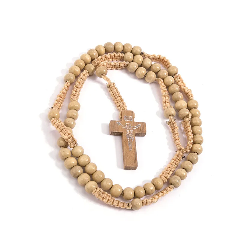 Cheap Catholic Black Wood Rosary Orthodox Pearl Cheap Jesus Cross Woven Wooden Rope Necklace Religious Jewelry Men and Women