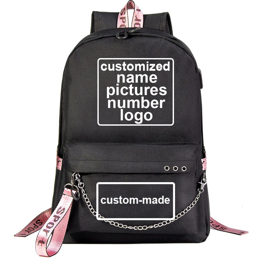 Customized Print DIY Your like Photo or Logo Boy Girl Kids Book Bags Women USB Bagpack Teenagers Men Laptop Travel Backpack