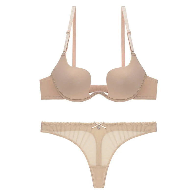Thick Cotton Push Up Bra And Thong Sets For Women Sexy Lingerie Plus Size Mesh Underwear Seamless Bras Panties Set A B C D Cup