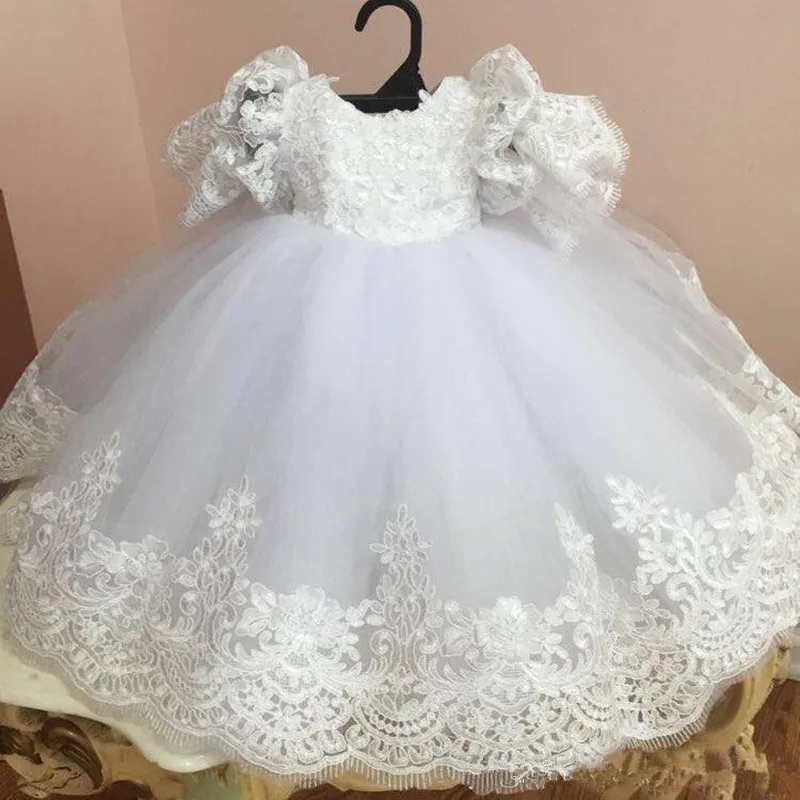 Bebê da criança vestido da menina da flor para o batismo do casamento vestido de renda vestido de batismo com mangas curtas criança vestido de primeira comunicação