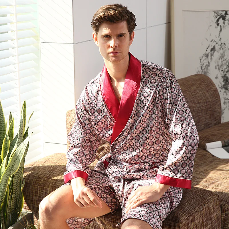 Plus Size Men Summer Silk Long Sleeve Bath Robes and Shorts 2 Piece Pajamas Set Men\'s Kimono Soft Satin Bathrobe Shorts Suit