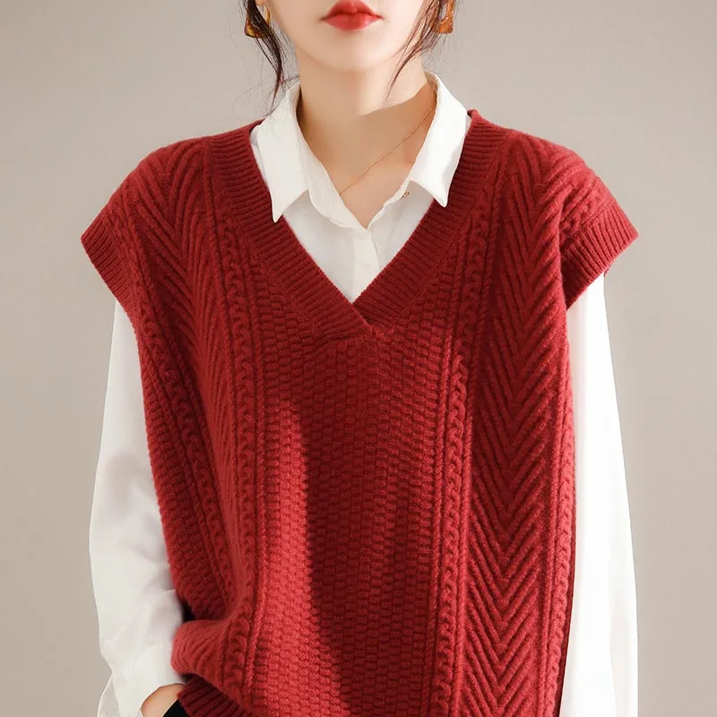 Winter 2021 Vneck Thick Warm Sleeveless Women Jumpers 100% Pure Wool Knitting Pullovers Ladies Woolen Sweaters