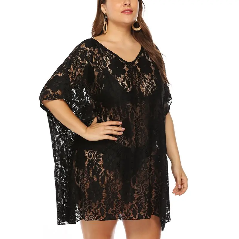 Summer new large size dress 5XL-9XL bust 190CM fashion women sexy lace hollow perspective V-neck split beach dress blouse