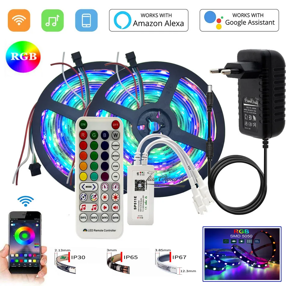 

WS2812B Addressable Pixel RGB LED Strip WiFi Remote/Music SP511E Dual Output controller Smart Voice APP Control DC5V Power Kit