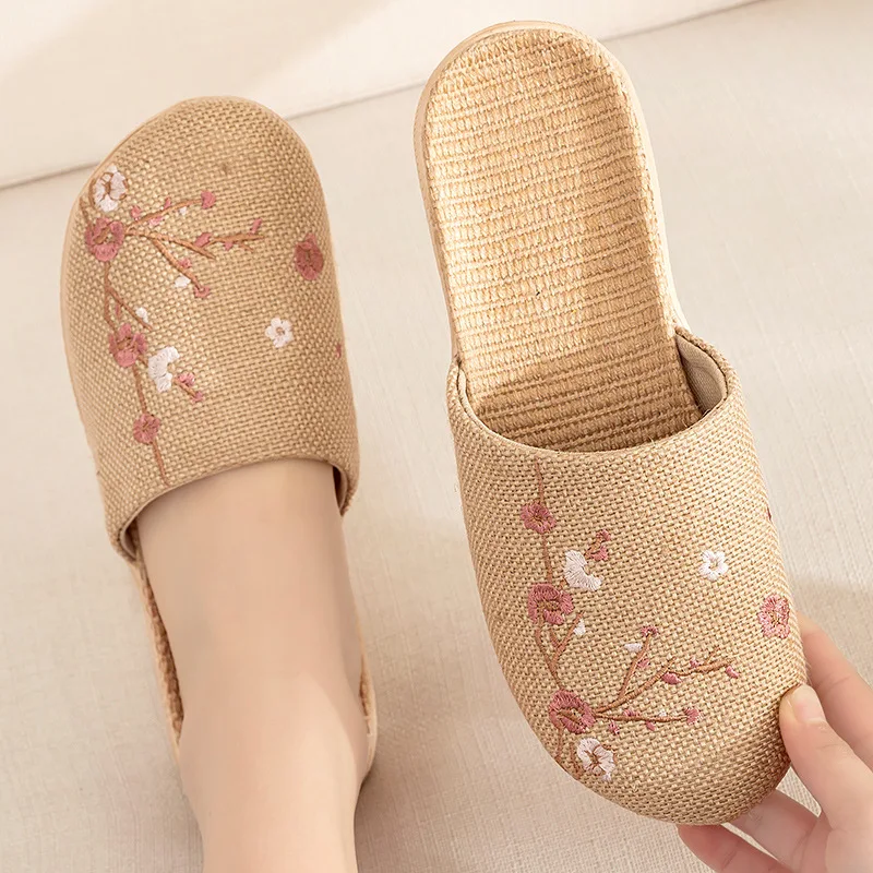 Linen Slippers Female Summer Male Couple Home Embroidered Non-Slip Soft Bottom Indoor Home Use Cotton And Linen Floor Slippers