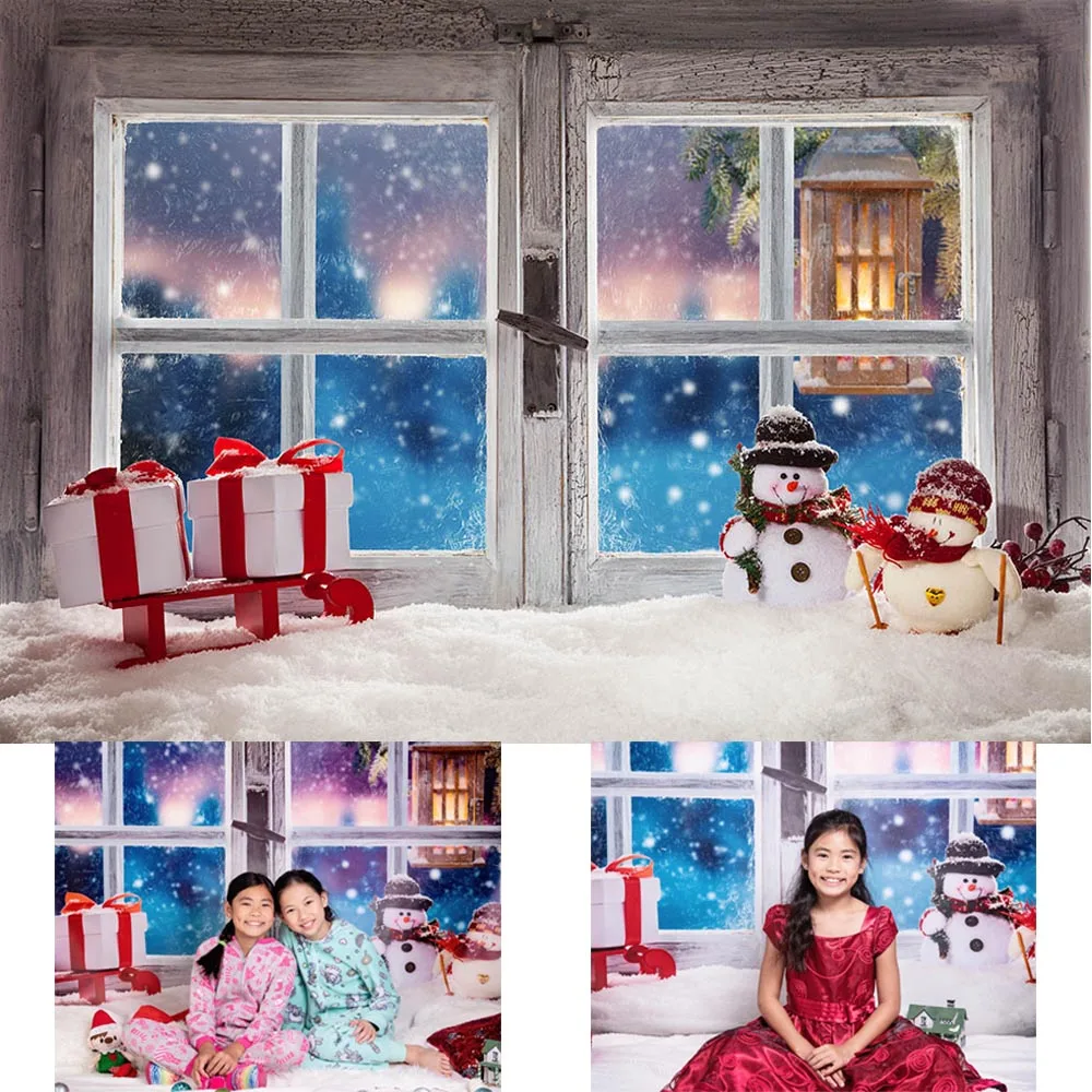 Mocsicka Christmas Window Snow Backdrop for Photography Chirstmas Gift Snowman Decoration Photocall Background Photo Studio