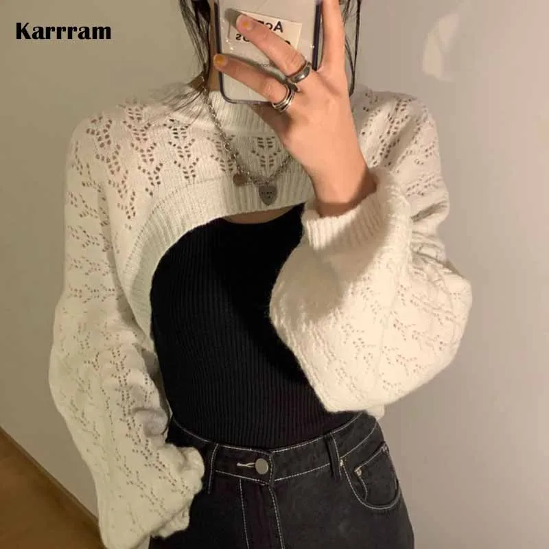 Karrram Simple Knitted Solid Long Sleeve Hollow Short Pullover Women Sweater Knit Fall Crop Top Sexy Outfit Cropped Cape Cloak