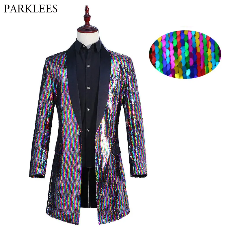 

Mens Rainbow Changing Colors Sequin Shawl Collar Long Blazer Jacket Party Stage Singer Host Night Club Suit Blazer Costume Homme