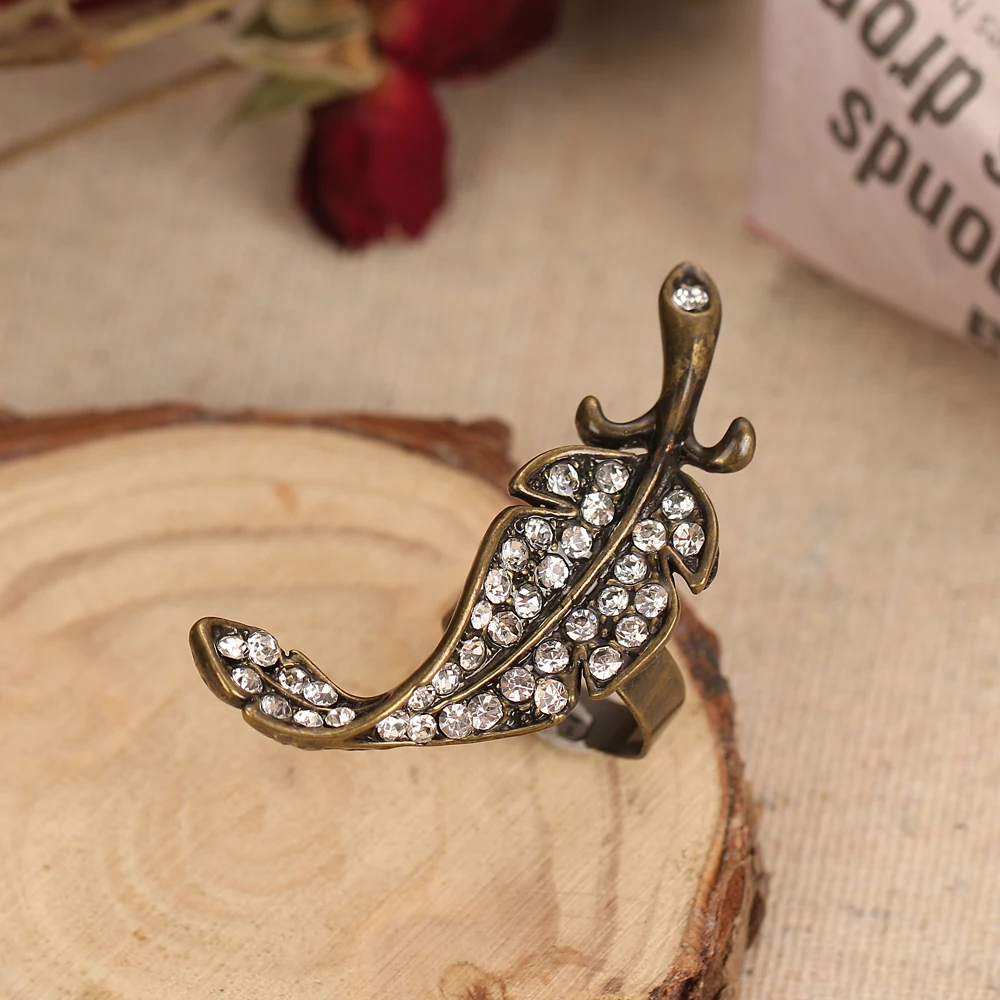 Ancient bronze rhinestone leaf temperament personality literature fashion gift female adjustable opening ring