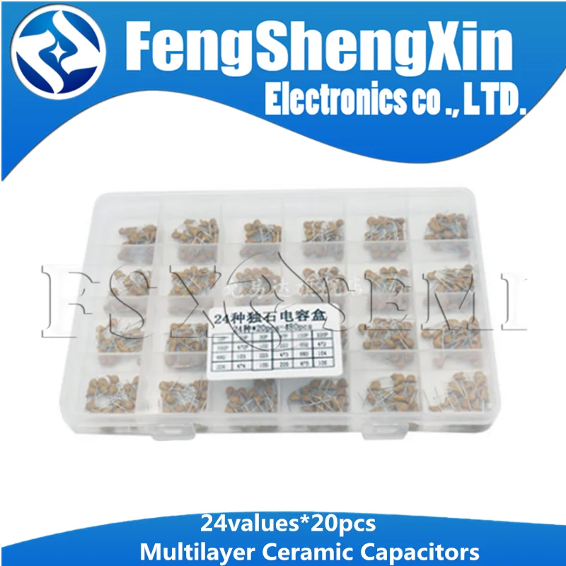 24values*20pcs=480pcs 50V 10PF~10UF 5.08mm Multilayer Ceramic Capacitors MLCC Assorted Kit + BOX