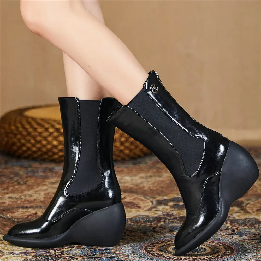 

High Top Winter Boots Women Genuine Leather Chunky High Heels Snow Boots Female Pointed Toe Platform Pumps Shoes Casual Shoes