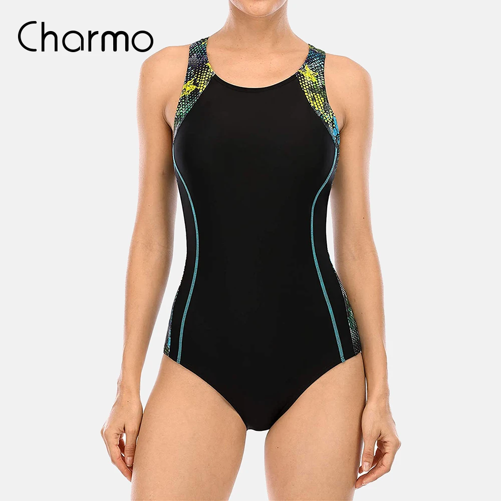 Charmo Women Boyleg One Piece Swimsuit Sport Swimming Costume Modest Swimwear Color Block Swimsuit