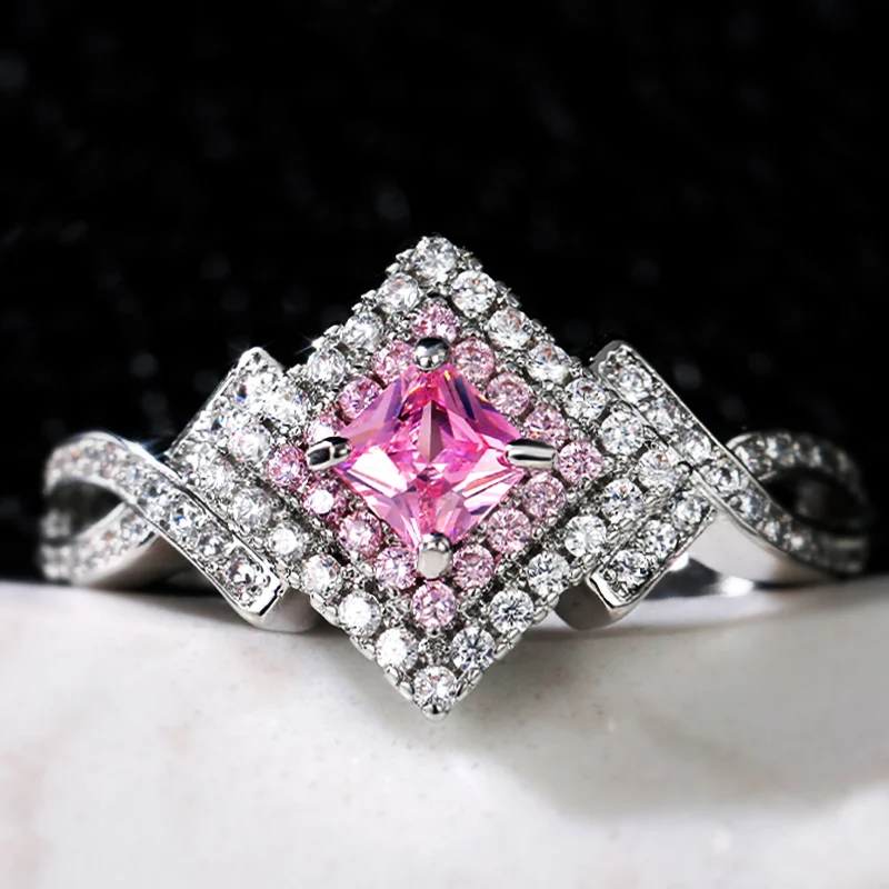 Huitan Unique Pink CZ Princess Cut Wedding Rings for Women 2021 New Trendy Jewelry Luxury Engagement Ring Best Gift Dropshipping