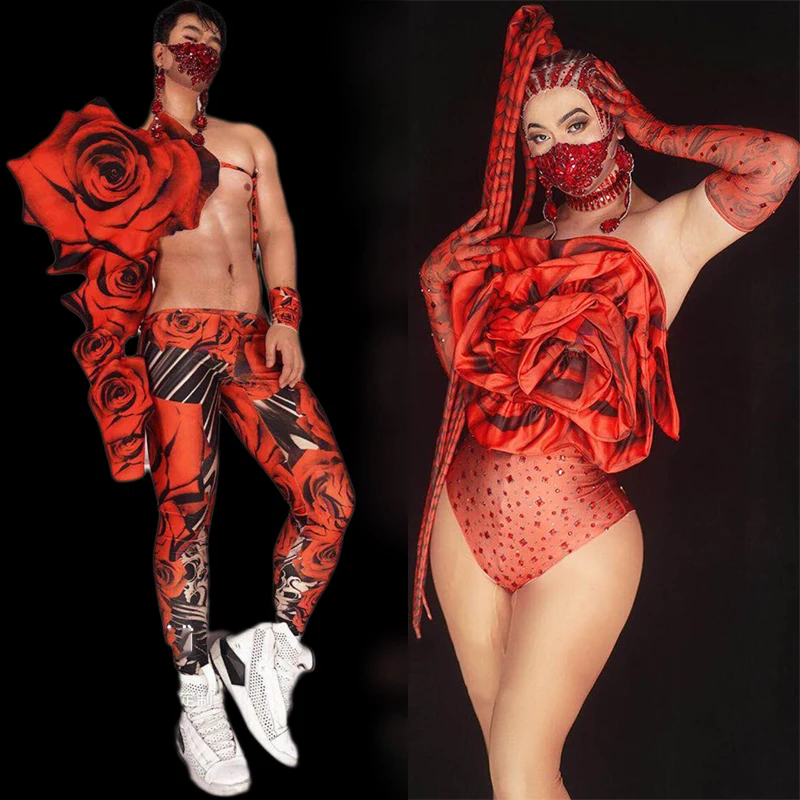 New Sexy Red Rhinestone Rose Bodysuit Women Men Festival Outfit Nightclub Bar Rave Costumes Stage Performance Clothes DN6382