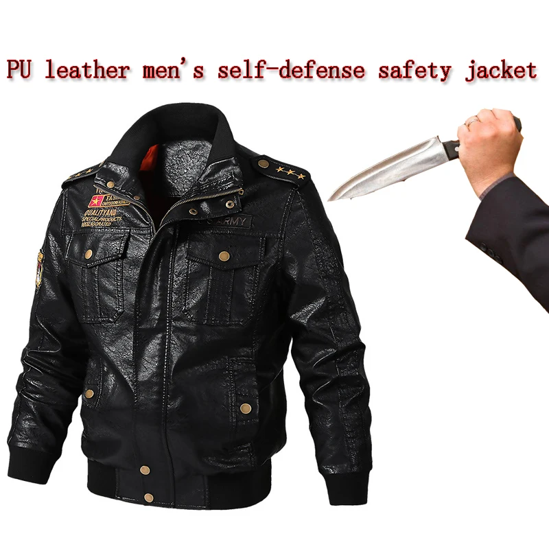 

Men PU Leather Cut-Proof Stab-Resistant Jacket Windproof Waterproof Warm Self-Defense Security FBI Stealth Safety Clothing