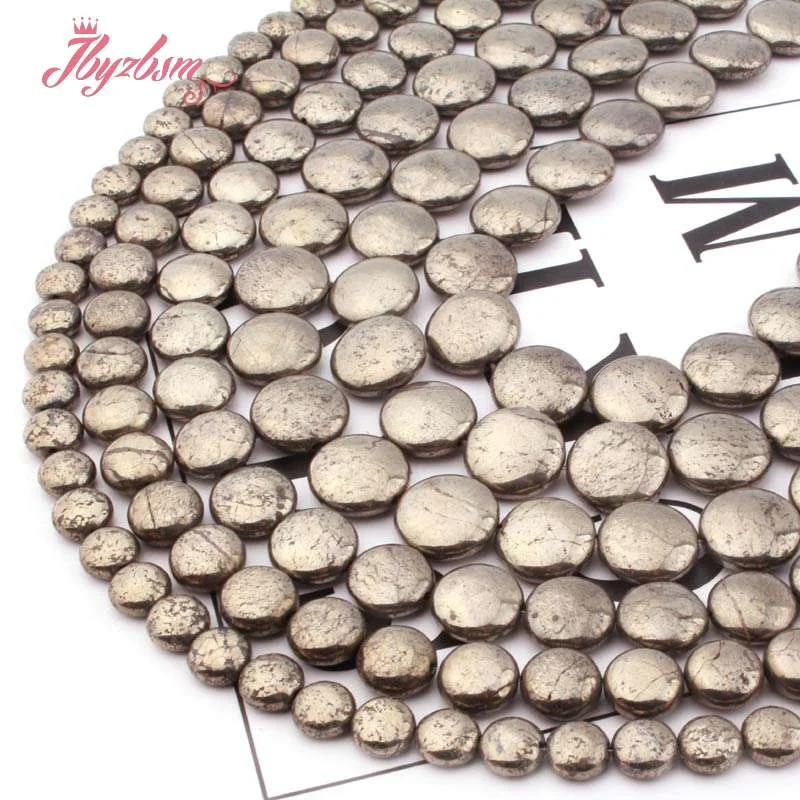 8.10.12mm Natural Coin Pyrite Smooth Loose Beads Natural Stone Beads for DIY Women Necklace Bracelet Jewelry Making Strand 15\