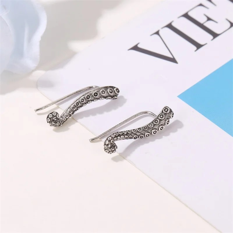 Metallic Retro Curved Octopus Tentacle Copper Silver Plated Ear Cuff Stud Earrings for Women