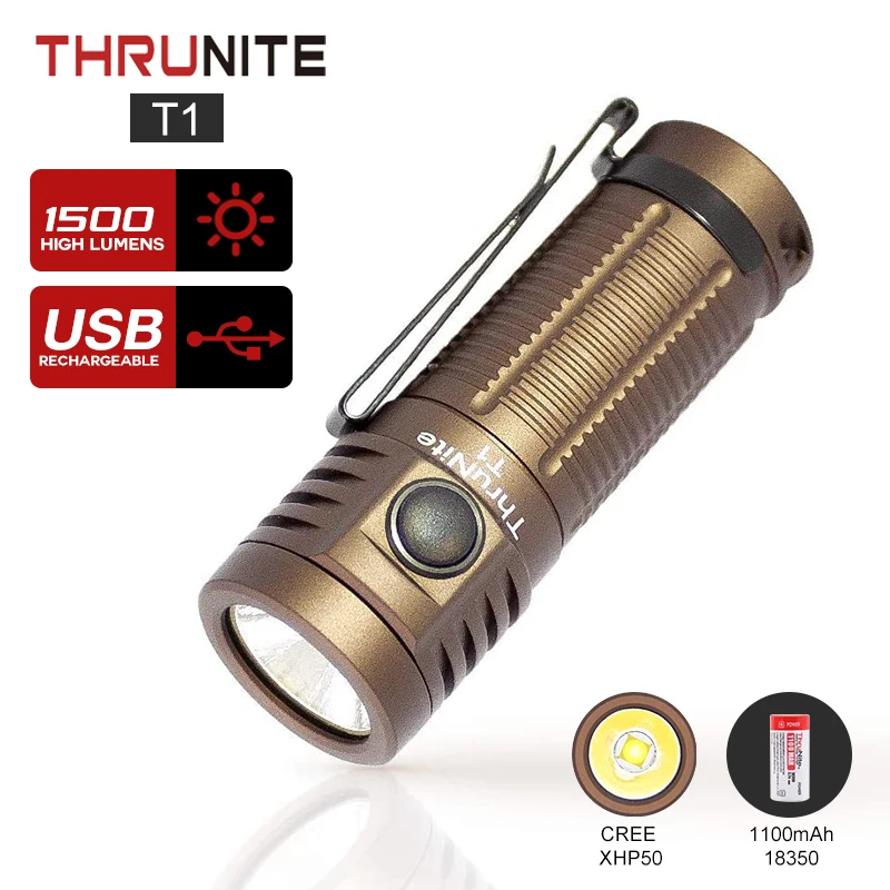 ThruNite T1 1500 lumen Handheld Flashlights CREE XHP50 Magnetic USB Rechargeable EDC Stepless Dimming Pocket Flashlight Original