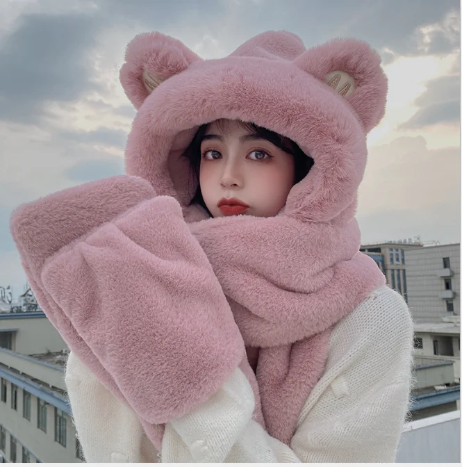 Bear Hat Imitation Fur Winter Women's Fashion Foreign Trade Cross-border Warm Autumn Plush Hat Scarf Glove Integration Pink