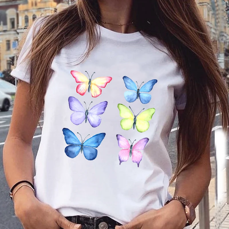 

Women Graphic Watercolor Butterfly Summer Spring Cartoon Trend Casual Fashion Print Female Clothes Tops Tees Tshirt T-Shirt